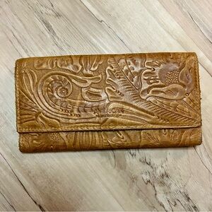 AMERICAN LEATHER CO. Tan Tooled Tri-Fold Wallet Floral Embossed Western Women's